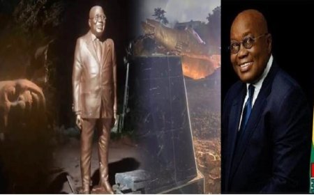PHOTOS: It Has Finally Gone Down; Nana Addo's Statue Vandalized in Sekondi-Takoradi