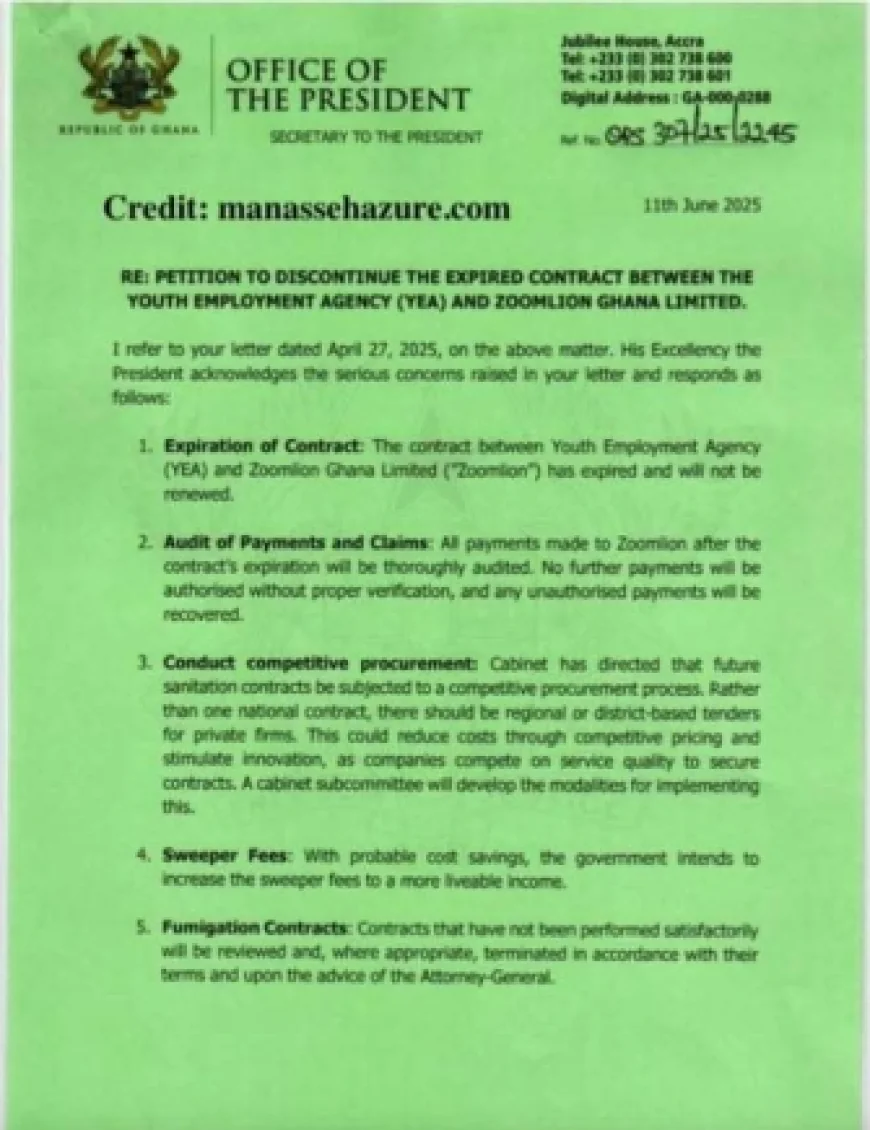 The government declares the termination of Zoomlion and YEA's contract under the sanitation module