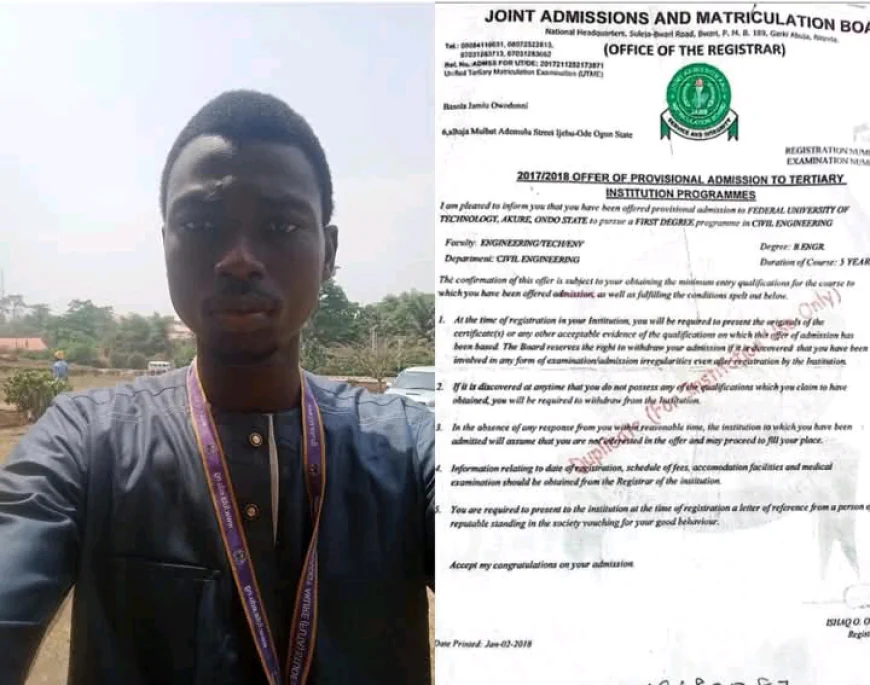 FUTA Civil Engineer's Dream Crushed: JAMB Says No Record of His Admission
