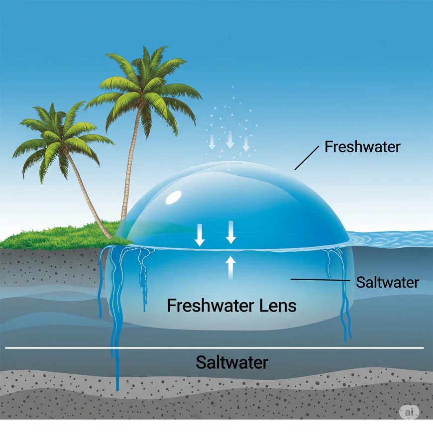 A cross-section of an island showing a domed layer of freshwater (blue) sitting above a layer of saltwater (grey/dark blue). Arrows could show rain falling, seeping into the freshwater, and a subtle line indicating the interface between fresh and saltwater.